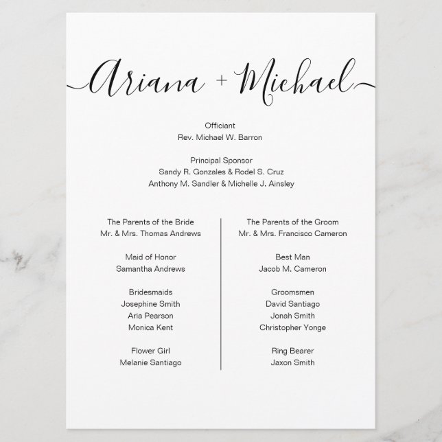 Minimalist Wedding Entourage list Simple Elegant  Program (Front)