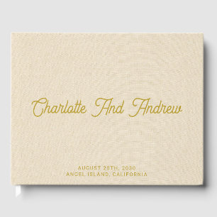 Minimalist Wedding Gold Monogram Cream Faux Linen Guest Book