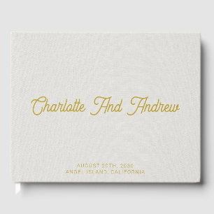 Minimalist Wedding Gold Monogram Cream Faux Linen Guest Book