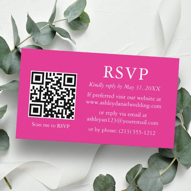 Minimalist Wedding Hot Pink QR RSVP Enclosure Card (Customize to change text style, size, background color or add more text or a photo to back of card.)