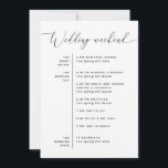 Minimalist Wedding Itinerary | Weekend Timeline Invitation<br><div class="desc">Keep your guests informed and warmly welcomed with this black and white wedding weekend timeline card. The front features a simple minimalist itinerary including rehearsal dinner, ceremony, reception, brunch, and other key events, while the back side adds a personalized welcome message from the couple. Perfect for wedding welcome bags, itinerary...</div>