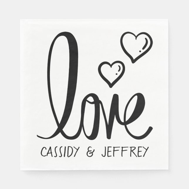 Minimalist Wedding Love Heart Black White Bridal Napkin (Front)