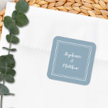 Minimalist Wedding Modern Dusty Blue Thank You Square Sticker<br><div class="desc">Modern minimalist and chic Wedding design features bride & groom's names in a modern design with a double framed border in white on an dusty blue background. The modern design is simple and chic. Personalize wedding details with your names in crisp white script. Be sure to see the collection link...</div>