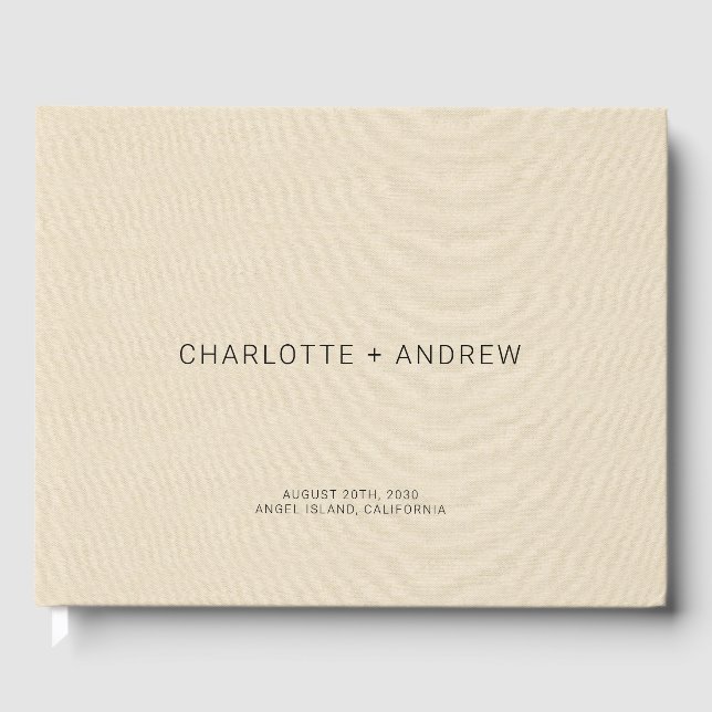 Minimalist Wedding Monogram Cream Faux Linen  Guest Book (Front)
