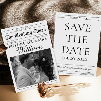 Minimalist Wedding Newspaper Photo Save The Date Invitation