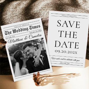 Minimalist Wedding Newspaper Photo Save The Date Invitation