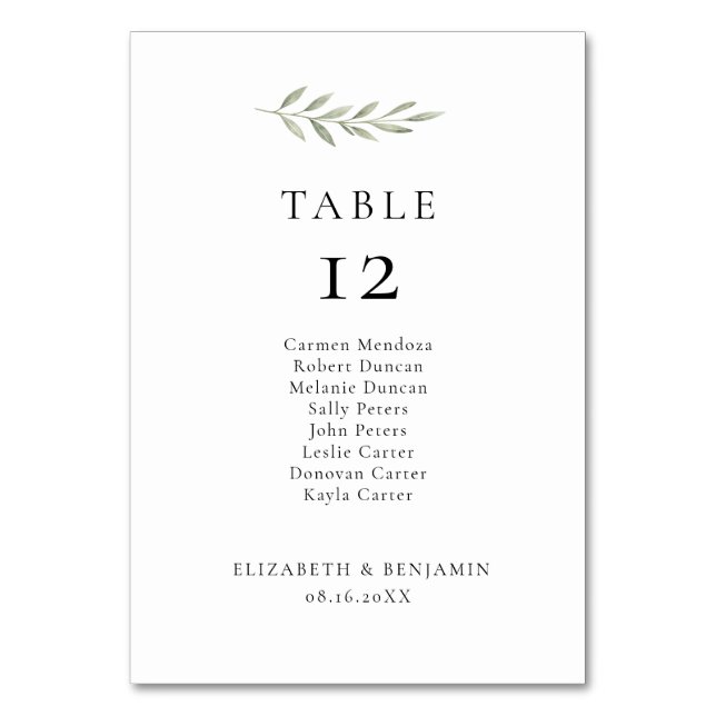 Minimalist Wedding Olive Branch Seating Chart Table Number (Front)