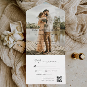 Minimalist Wedding Photo QR Code Elegant All In One Invitation