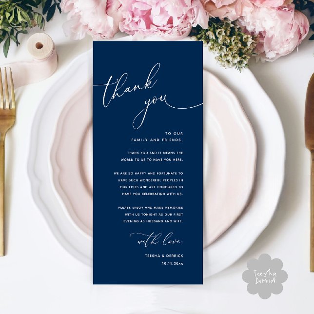Minimalist Wedding Place Setting Thank You Card (Welcome n Thanks Wedding Reception Dinner Brunch Lunch Thank You Card in Navy Blue)