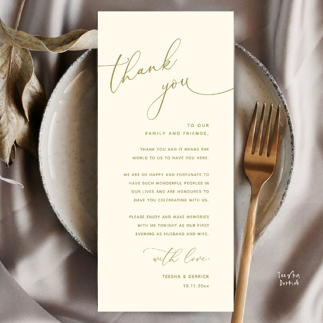 Minimalist Wedding Place Setting Thank You Card (Welcome n Thanks Wedding Reception Dinner Brunch Lunch Thank You Card in Yellow Gold)