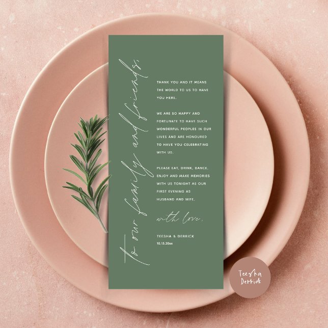 Minimalist Wedding Place Setting Thank You Card (Minimalist Wedding Place Setting Thank You Dinner Card, in Forest Sage Green)
