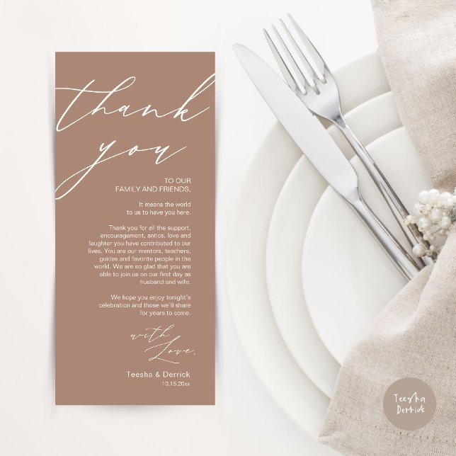 Minimalist Wedding Place Setting Thank You Card (Wedding Place Setting Dinner Thank You Card, Modern Romantic Script, in Taupe Brown Earthy)