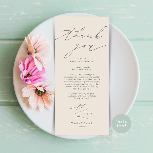 Minimalist Wedding Place Setting Thank You Card (Wedding Dinner Place Setting Thank You Card, Modern Minimalist Design, in Cream Dark Grey)