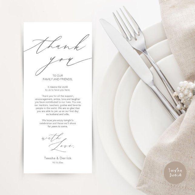 Minimalist Wedding Place Setting Thank You Card (Wedding Dinner Place Setting Thank You Card, Modern Minimalist Design, in Dark Grey)