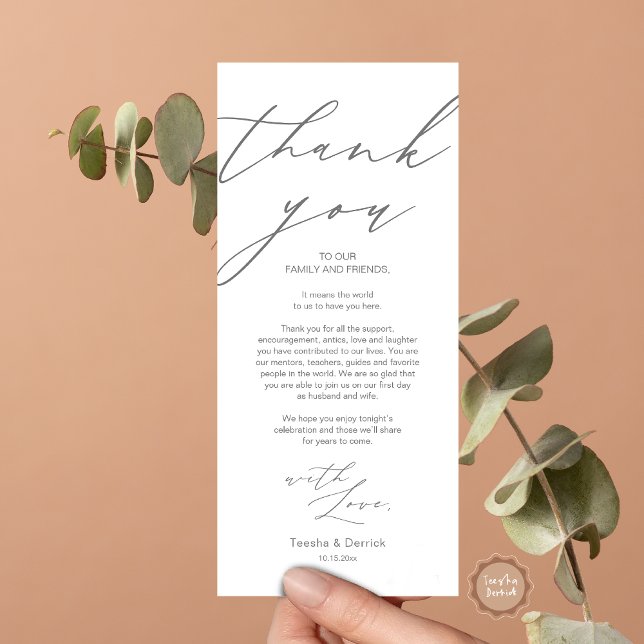 Minimalist Wedding Place Setting Thank You Card (Wedding Dinner Place Setting Thank You Card, in Modern Minimalist Script, Dark Grey.)