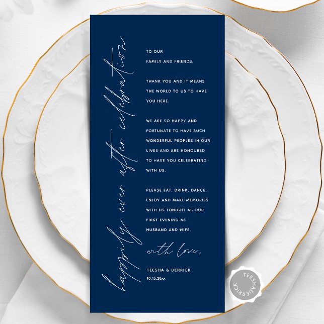 Minimalist Wedding Place Setting Thank You Card (Happily Ever After, Wedding Place Setting Thank You Card, Elopement Dinner Celebration, Navy Blue)