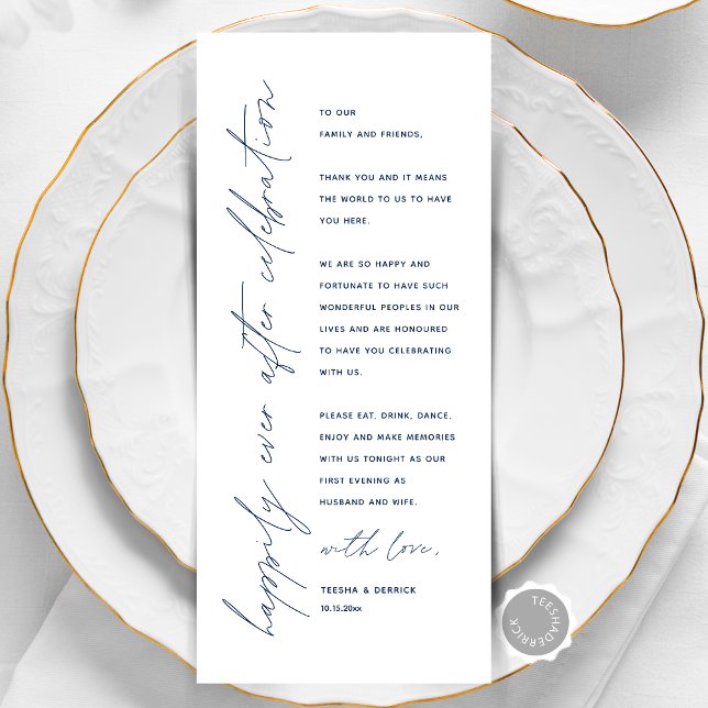 Minimalist Wedding Place Setting Thank You Card (Happily Ever After, Wedding Place Setting Thank You Card, Elopement Dinner Celebration, Navy Blue)