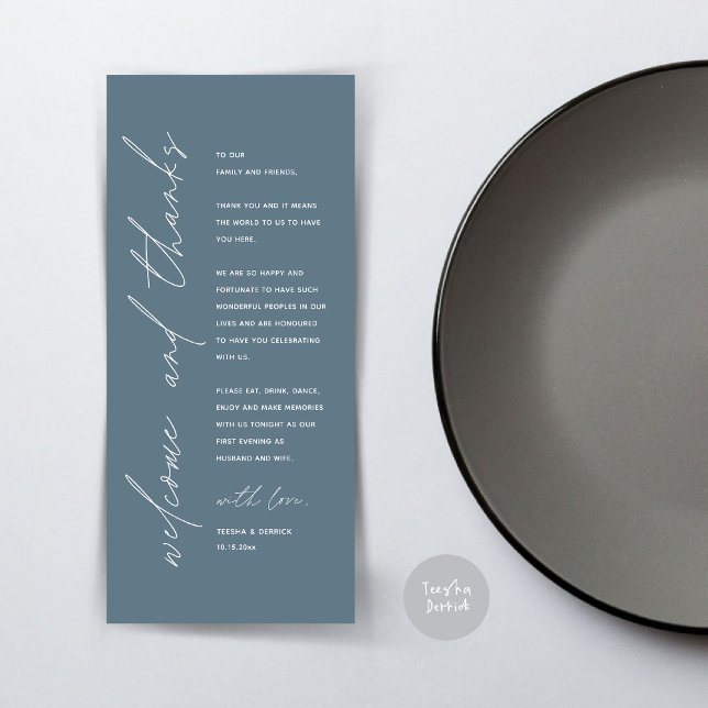 Minimalist Wedding Place Setting Thank You Card (Wedding Dinner Place Setting Thank You Card, Modern Minimalist, in Dusty Blue)