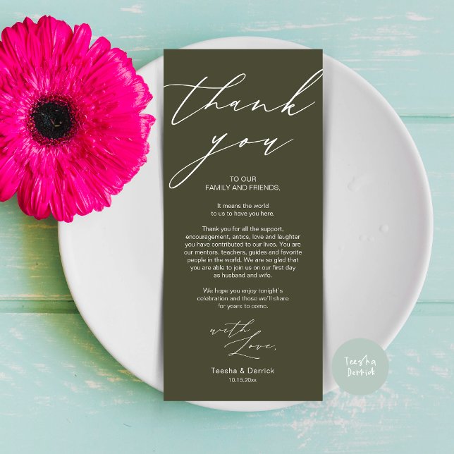 Minimalist Wedding Place Setting Thank You Card (Modern Minimalist Wedding Dinner Place Setting Thank You Card in aesthetic olive green)