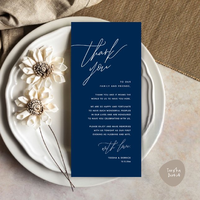 Minimalist Wedding Place Setting Thank You Card (Romantic Minimalist Wedding Dinner Place Setting Thank You Card, in Navy Blue)