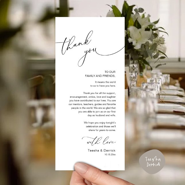 Minimalist Wedding Place Setting Thank You Card (Modern Romantic Wedding Place Setting Thank You Card for Dinner Brunch Lunch Party  in White Black)