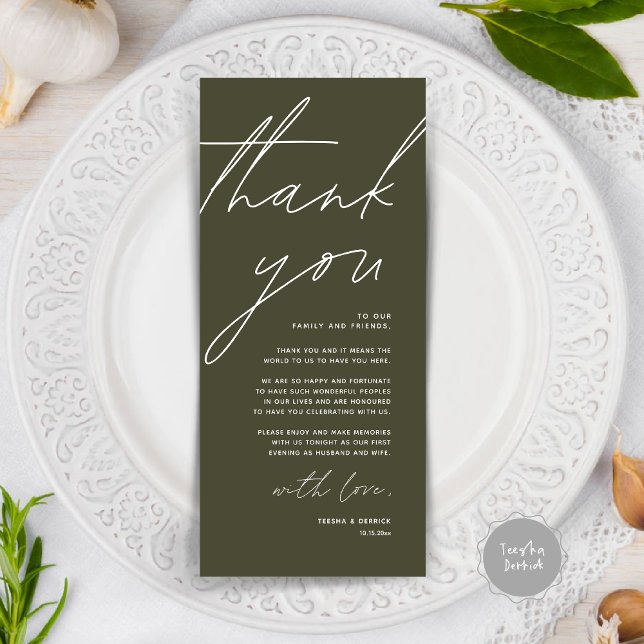 Minimalist Wedding Place Setting Thank You Card (Wedding Place Setting Thank You Card, Modern Minimalist Clean, Olive Green)