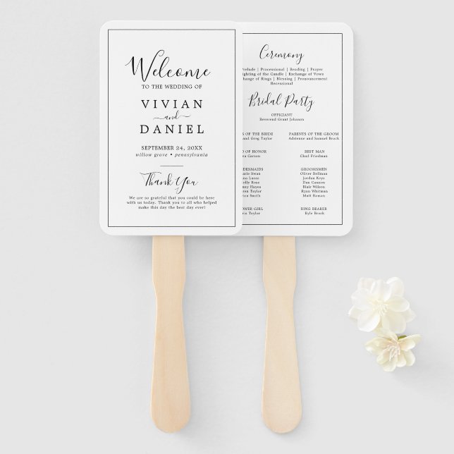 Minimalist Wedding Program Hand Fan (Front and Back)