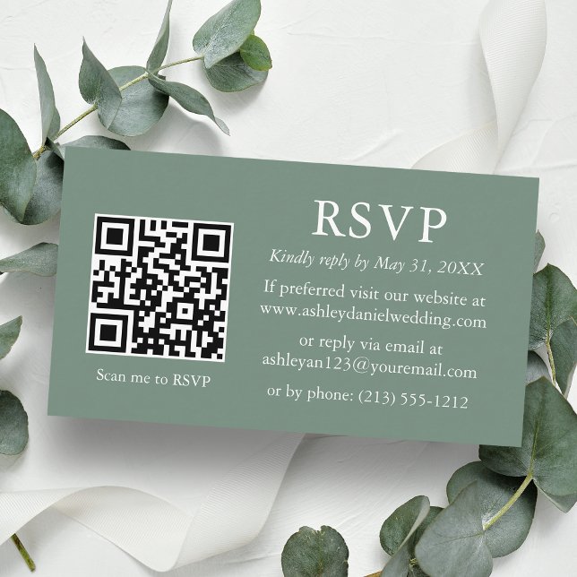 Minimalist Wedding Sage Green QR RSVP Enclosure Card (Customize to change text style, size, background color or add more text or a photo to back of card.)
