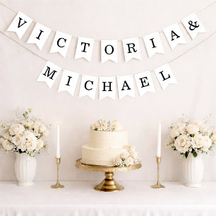 Minimalist Wedding Simple Black and White Names  Bunting Flags