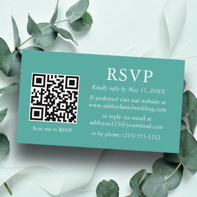 Minimalist Wedding Teal QR RSVP Enclosure Card (Customize to change text style, size, background color or add more text or a photo to back of card.)