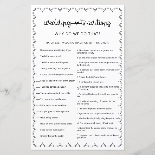 Minimalist wedding traditions bride shower game (Front)