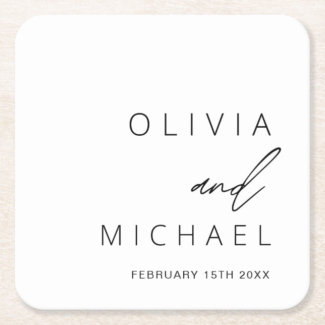 Minimalist Wedding Typography Elegant Square Paper Coaster (Front)