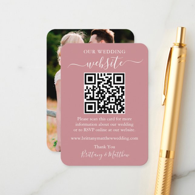 Minimalist Wedding Website Photo QR Dusty Rose Enclosure Card (Front/Back In Situ)