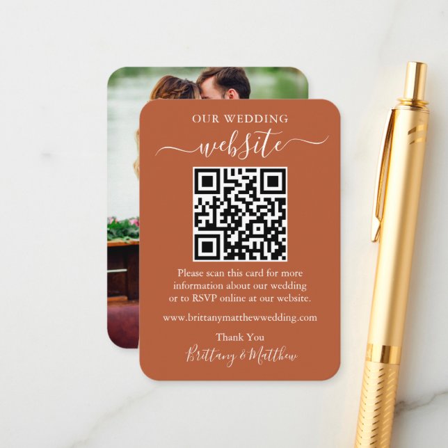 Minimalist Wedding Website Photo QR Terracotta Enclosure Card (Front/Back In Situ)