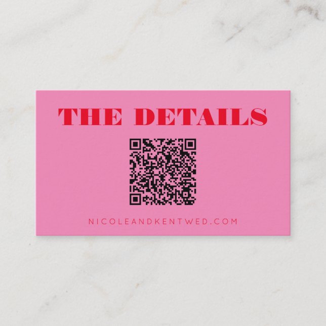 Minimalist Wedding Website Pink Red QR Code Detail Enclosure Card (Front)