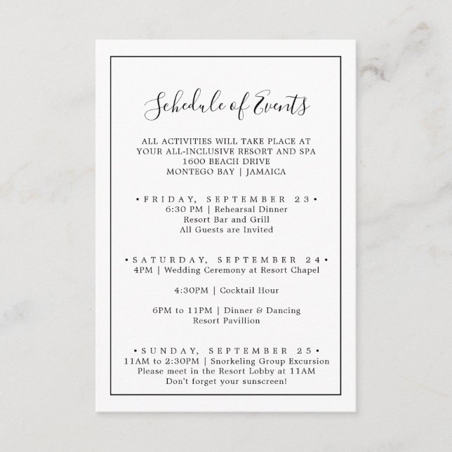 Minimalist Wedding Weekend Schedule of Events Enclosure Card (Front)