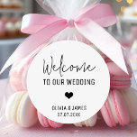 Minimalist Wedding Welcome Modern Wedding Welcome Classic Round Sticker<br><div class="desc">Wedding Welcome Names Date Sweets Desserts Favours Classic Round Sticker</div>