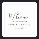 Minimalist Wedding Welcome Square Sticker<br><div class="desc">These minimalist wedding welcome stickers are perfect for a simple wedding. The modern romantic design features classic black and white typography paired with a rustic yet elegant calligraphy with vintage hand lettered style. Customizable in any colour. Keep the design simple and elegant, as is, or personalize it by adding your...</div>
