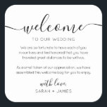 Minimalist Welcome To Our Wedding Welcome Bag Square Sticker<br><div class="desc">Welcome to our Wedding Label for Wedding Welcome Bag. Design features a minimalist style text layout. To make advanced changes,  please select "Click to customize further" option under Personalize this template.</div>