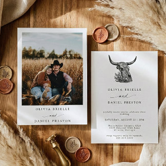 Minimalist Western Cow Skull Rustic Photo Wedding Invitation