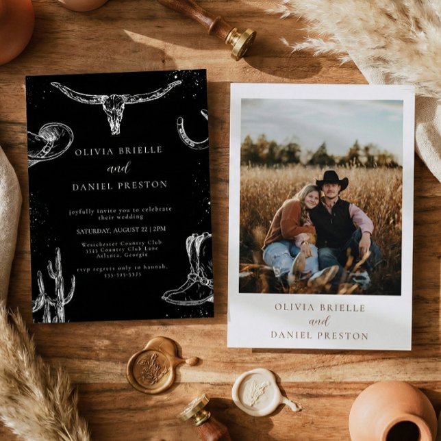 Minimalist Western Rustic Photo Black Wedding Invitation (Creator Uploaded)