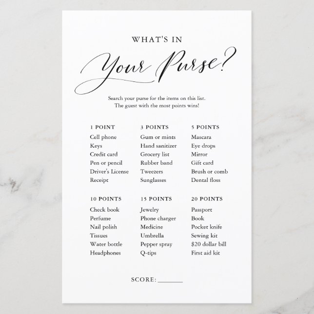 Minimalist Whats in Your Purse Baby Shower Game (Front)
