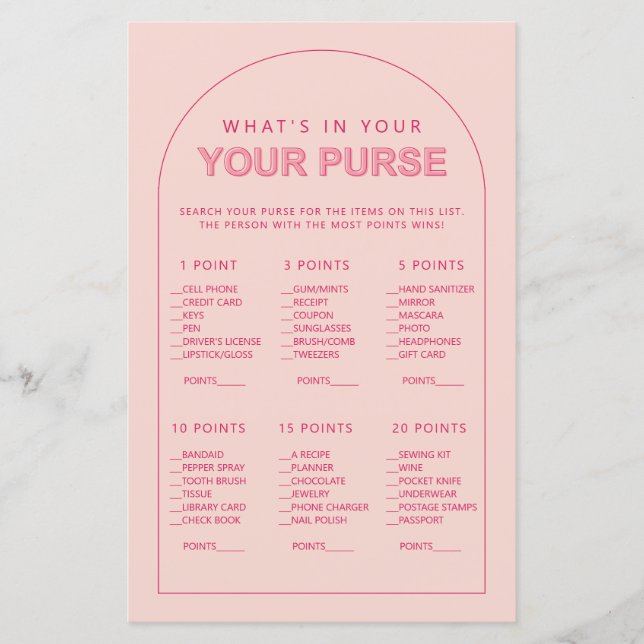 Minimalist what's in your purse bridal shower game (Front)