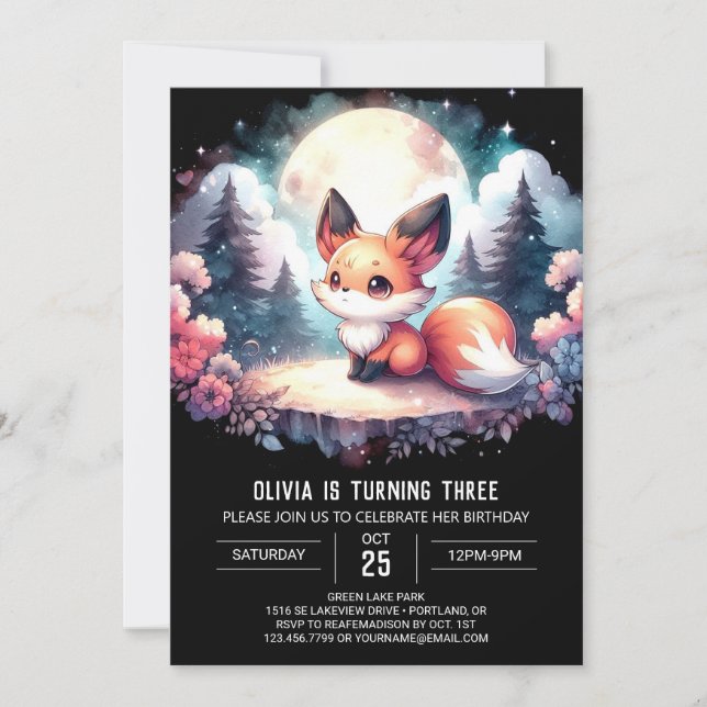 Minimalist Whimsical Fox Birthday digital Invitation (Front)