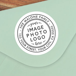 Minimalist white add logo or photo return address classic round sticker