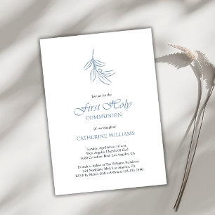 Minimalist White and Blue First Holy Communion  Invitation