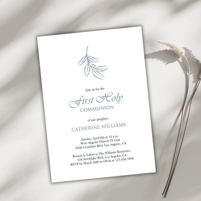 Minimalist White and Blue First Holy Communion  Invitation (Minimalist White and Blue First Holy Communion Invitation)