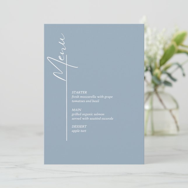 Minimalist White And Blue Menu Card  (Standing Front)