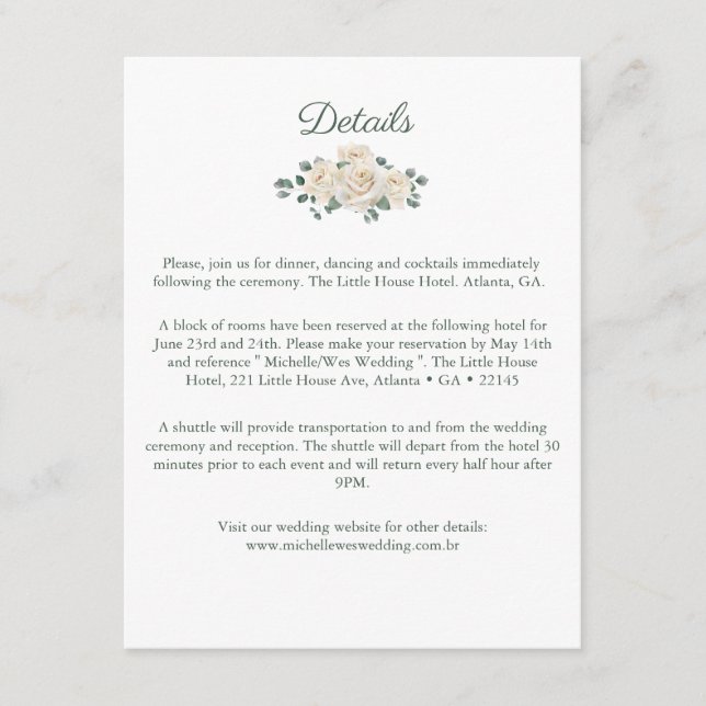 Minimalist White and Green Rose Wedding Details Enclosure Card (Front)