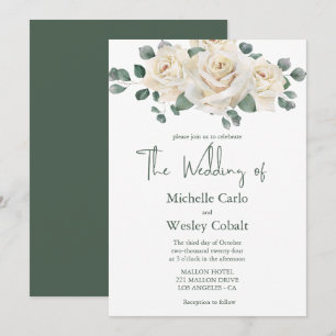 Minimalist White and Green Rose Wedding Invitation